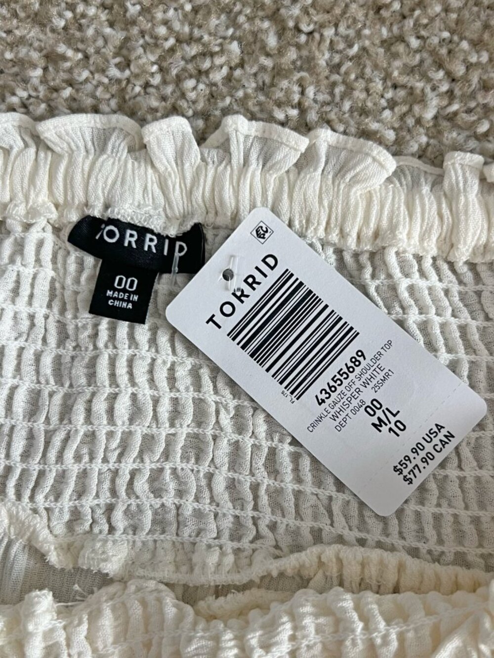 NWT Torrid Crinkle Gauze Off-Shoulder Top Cottagecore Romantic White Size M/L - Picture 5 of 7